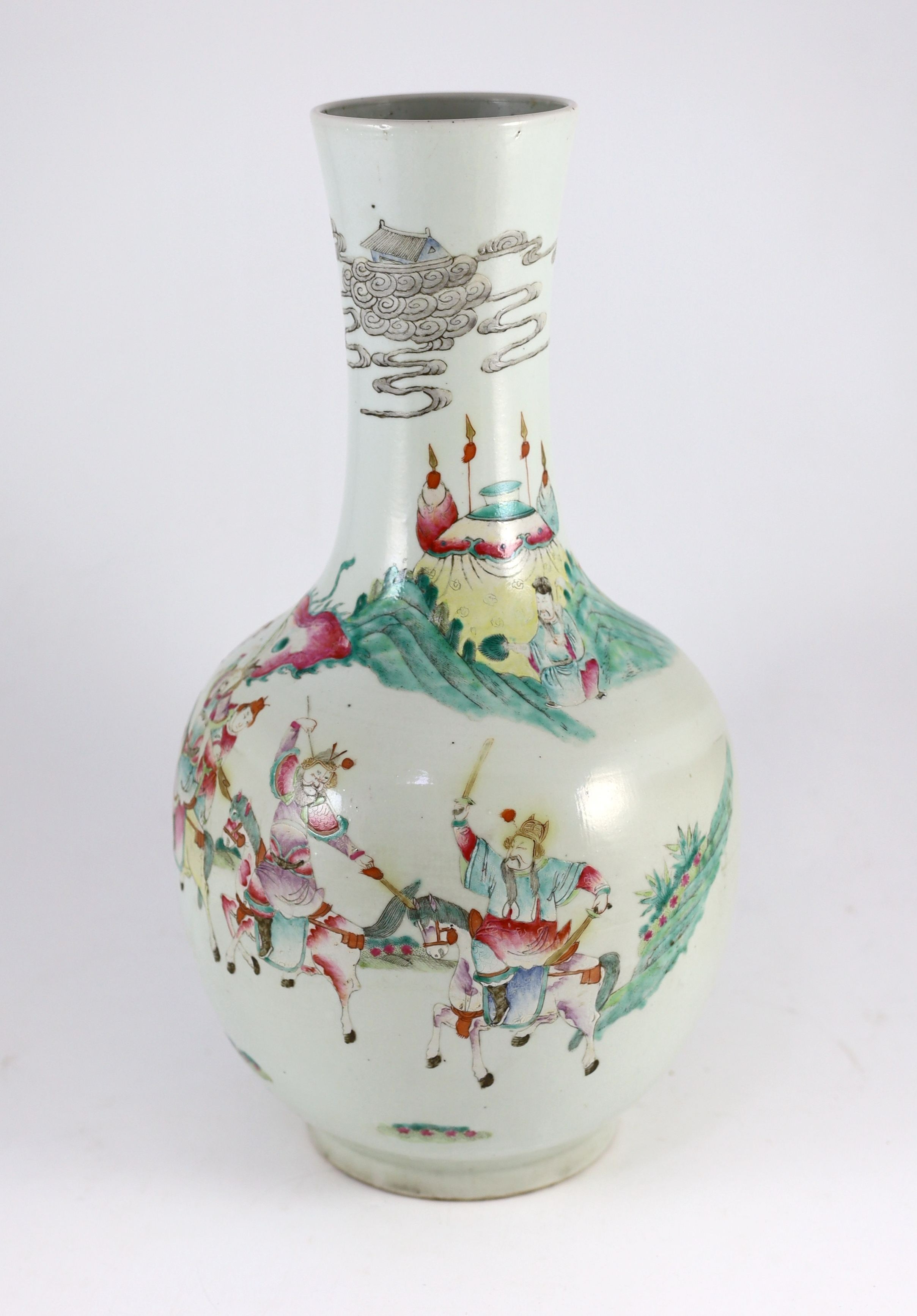 A Chinese famille rose 'warriors' bottle vase, early 20th century, 45 cm high